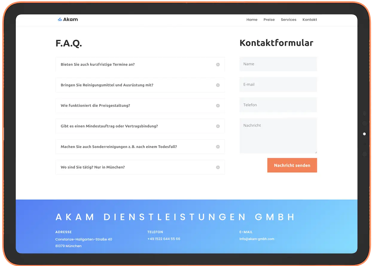 Kontaktseite und FAQ auf dem iPad Screenshot