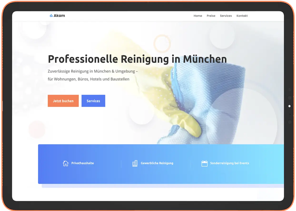 Startseite der Website von Akam Reinigungsfirma auf dem iPad