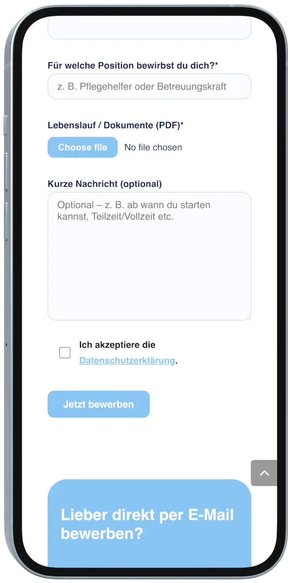 Karriereseite für Pflegekräfte mit Bewerbungsformular