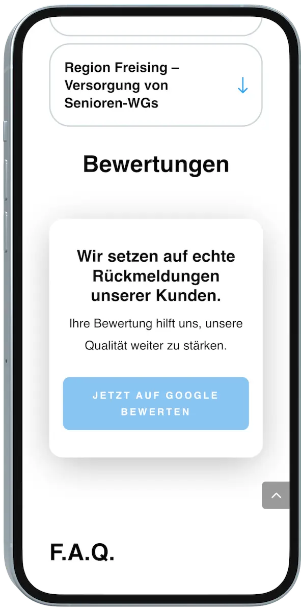 Google Bewertungen Bereich auf der Website eines Pflegedienstes in München