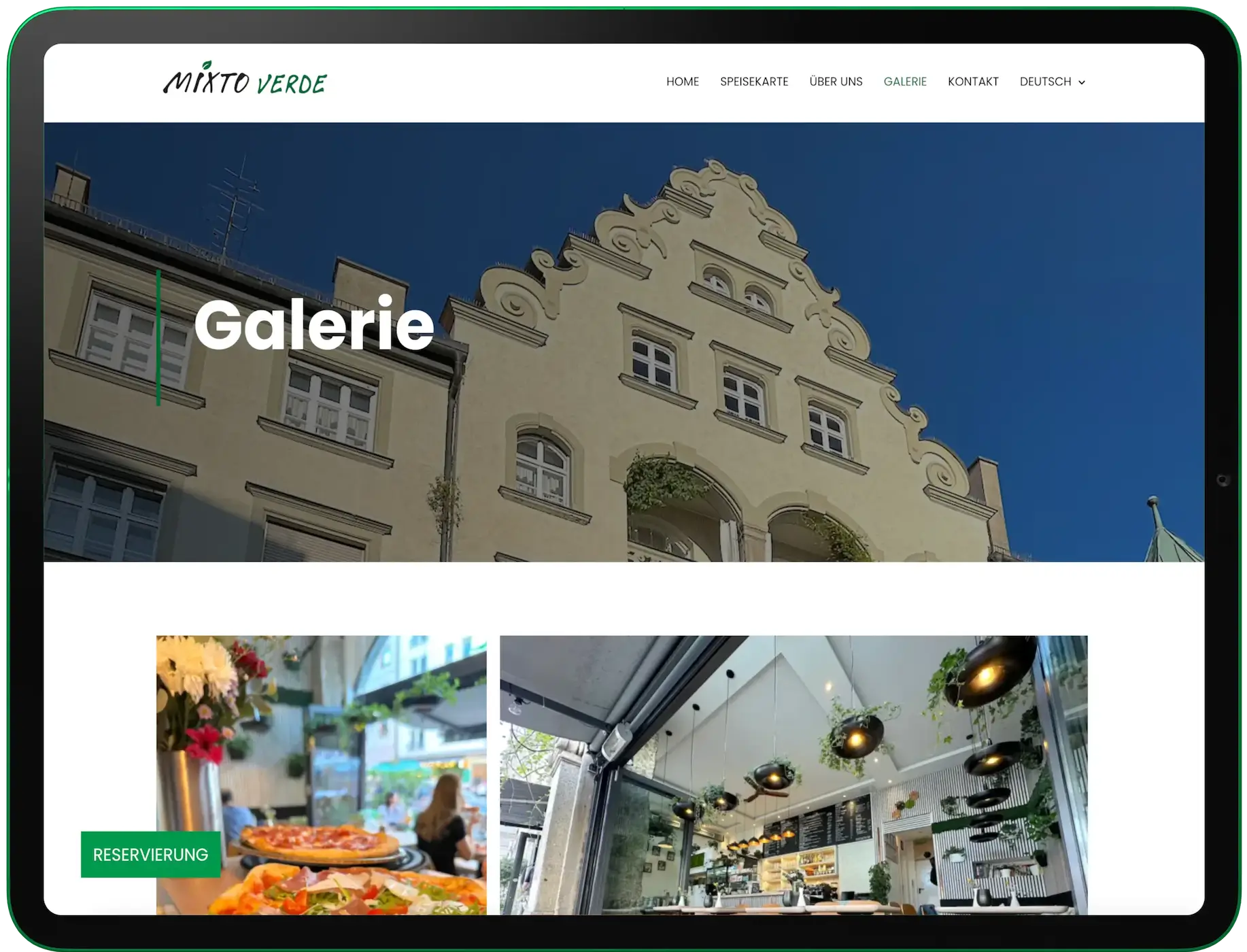 Galerieansicht der Pizzeria Website auf dem iPad
