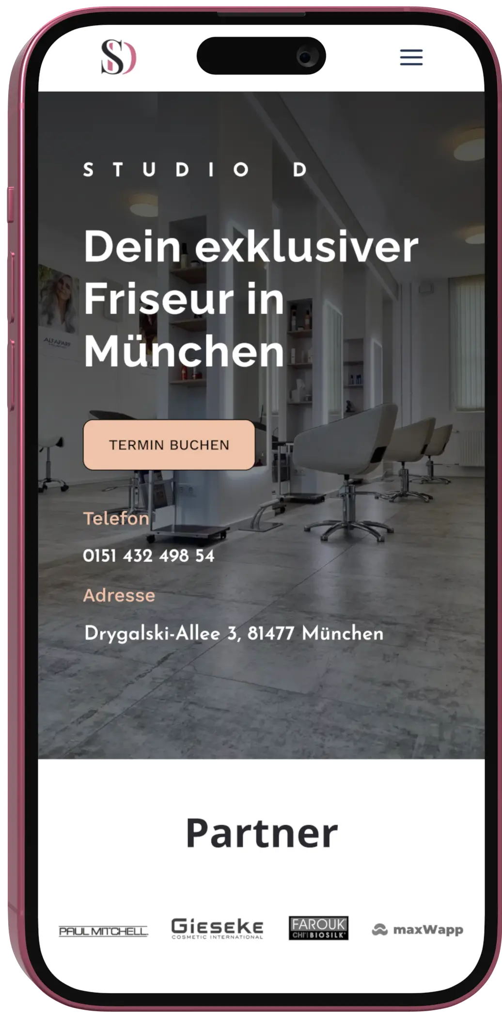 Mobile Ansicht der Studio D Website