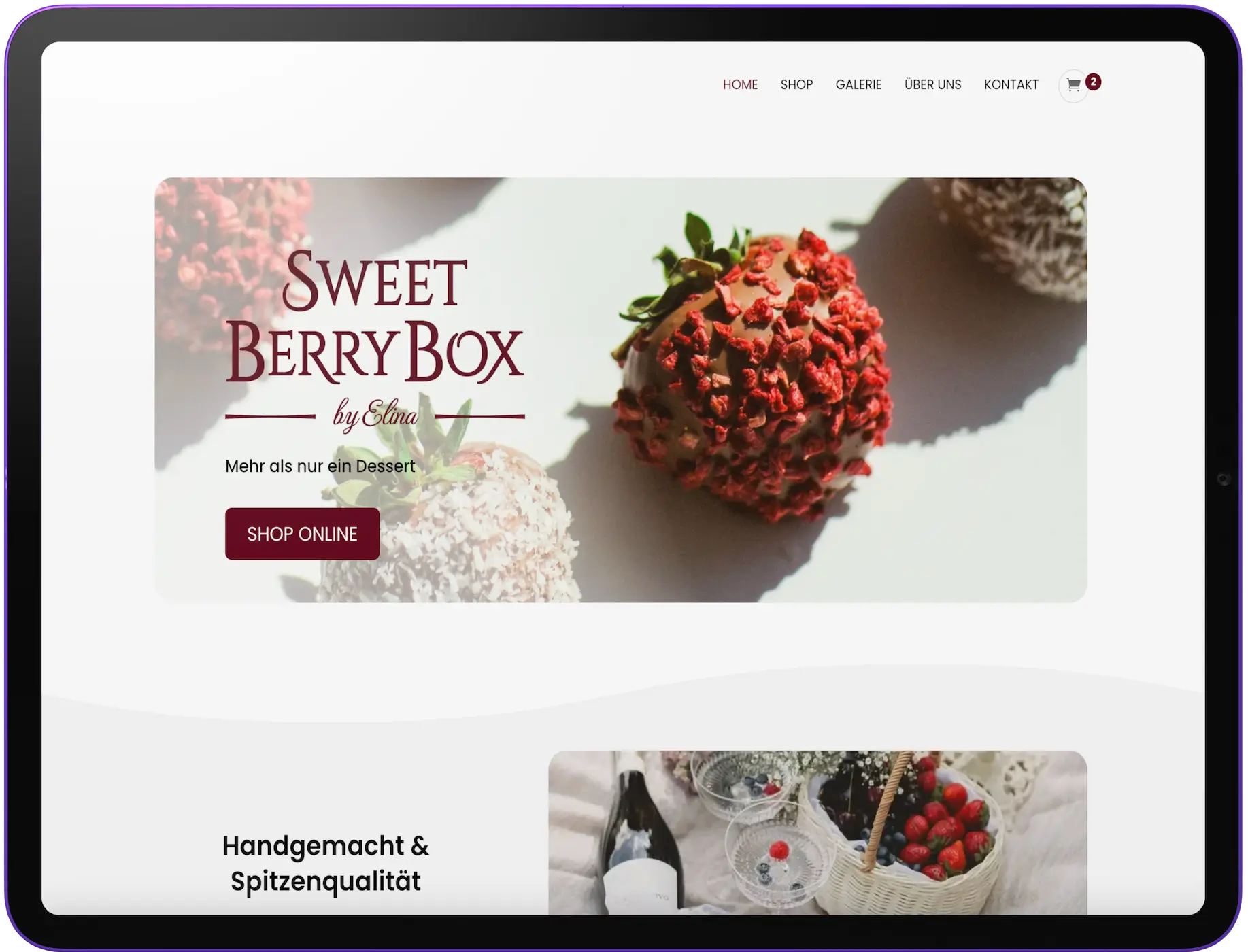 Tablet-Ansicht der Startseite mit Hero-Header und Shop-Button - maxWapp